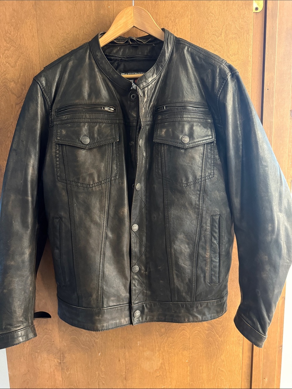 Men's black distressed Leather motorcycle Jacket - removable lining